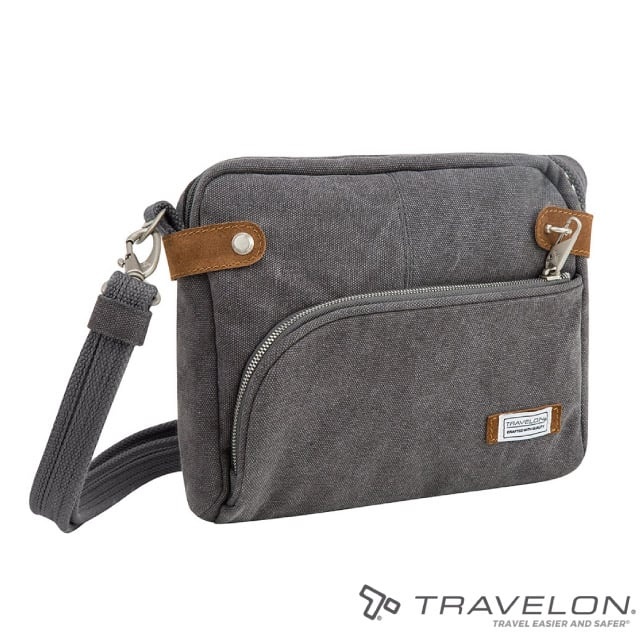 【Travelon】防盜復古側肩包(24.8X19.7X6.4cm)單肩包.護照包/RFID防個資/TL-33071 灰✿30E010